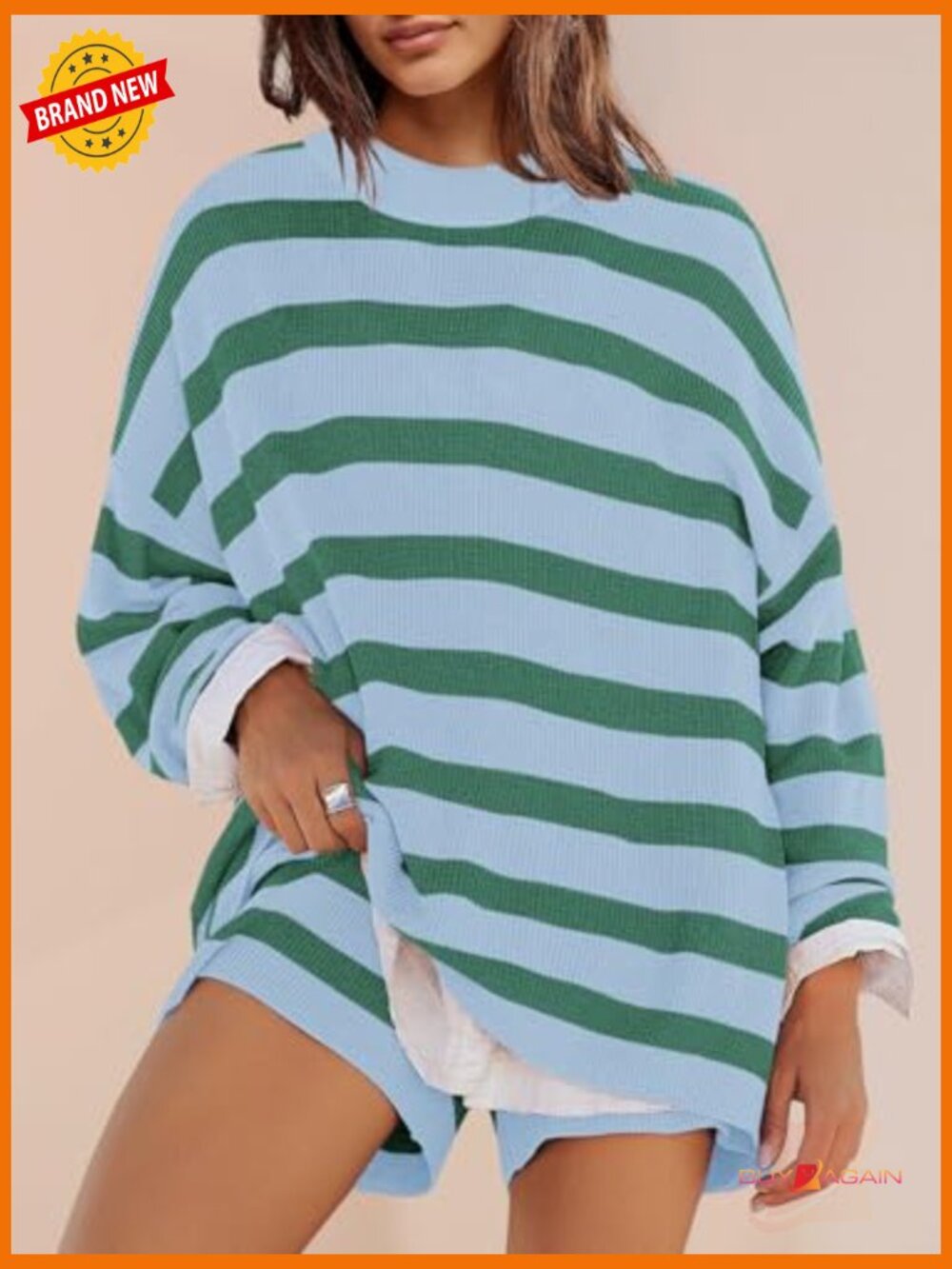 Oversized Striped Sweater Lounge Set Matching Pajama 2 Piece with Shorts - Picture 4 of 7